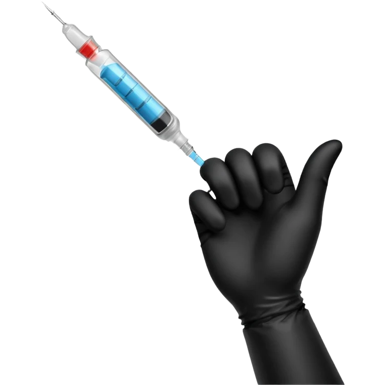 mano con guante medico de color negro sosteniendo una jeringa no tan grande y que solo se vea la mano hasta la muñeca, no el brazo y que el liquido de la jeringa sea transparente emoji