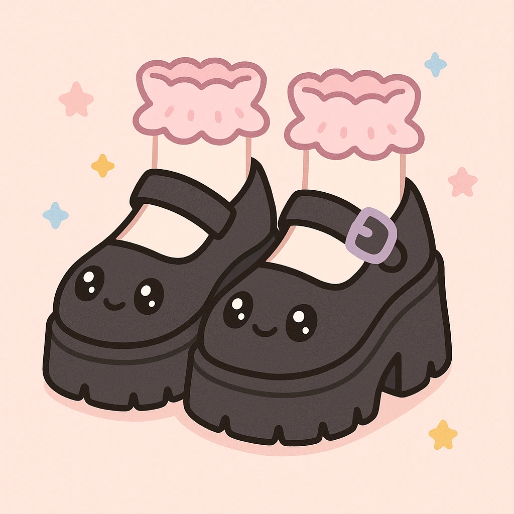Add cute frilly pastel socks to the BLACKPINK-inspired gothic shoes with pastel lavender accents, keep them kawaii style, no hearts. emoji