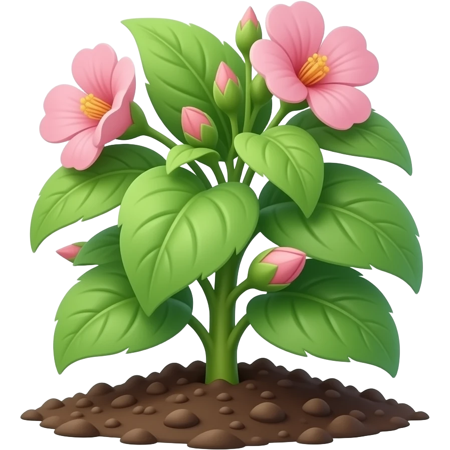 green plant from the ground with leafs And Pink flowers blooming emoji