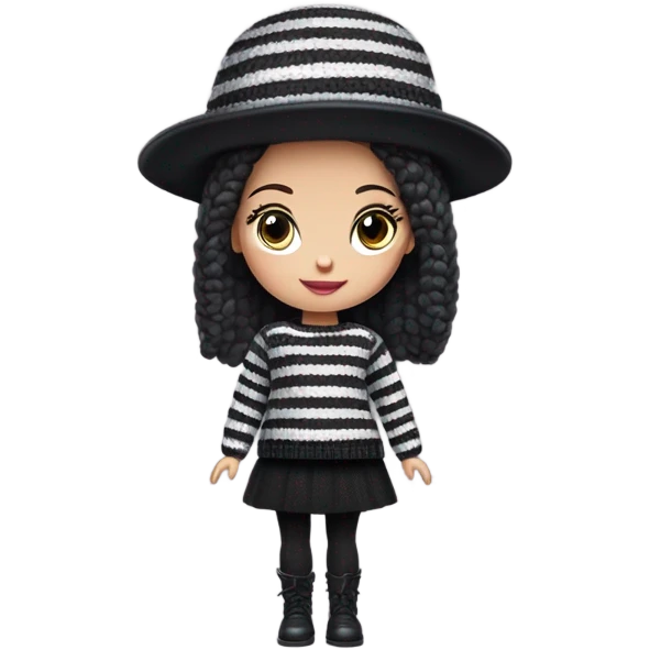 Bouclé Beauty Barbie, Wednesday Addams from academy, in dark-gray and black striped sweater with cute hat  emoji