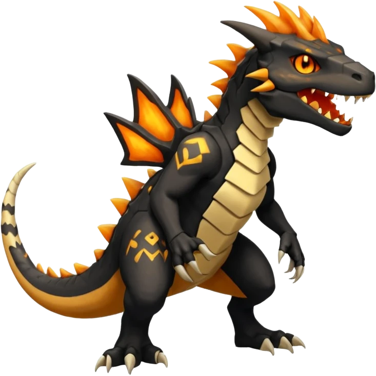 Magmatic fiery badass cool obsidian-Black and golden-orange Helioptile-Marowak-Croconaw-Fakémon-hybrid-creature (full body)  emoji