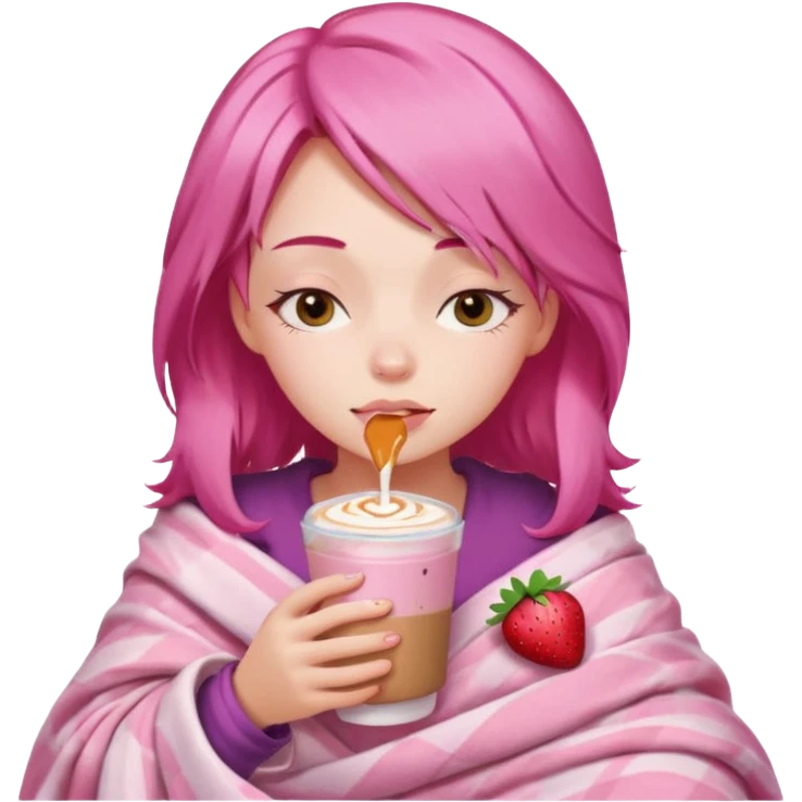 girl with pink hair inside a pink blanket sipping strawberry latte eyes closed emoji to use or share on Discord and Slack. emoji