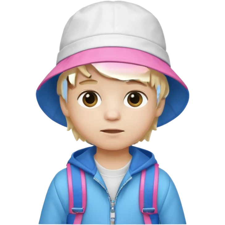 A little boy student white skin, blonde hair, with pink bucket hat, white jacket, blue backpack emoji