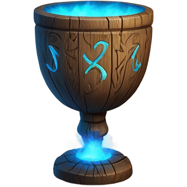 A magical goblet, large and imposing, made of aged wood with intricate carvings and ancient runes along its surface. It emits a bright blue glow, with magical flames dancing inside, symbolizing its power and mystery. emoji