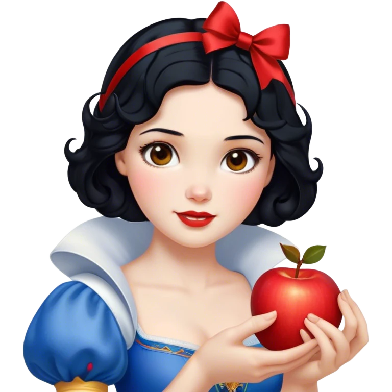 Cinematic Realistic Snow White Portrait, depicted with lifelike skin texture, soft natural lighting, and intricately detailed black hair styled with a red ribbon. Her soft brown eyes radiate innocence and kindness, complemented by a warm, gentle smile. She holds an apple in one hand, her other hand resting against her cheek, embodying her purity and charm. She is dressed in her classic yellow, blue, and red gown, the fabric rich in texture with delicate folds that catch the light beautifully. The portrait features a soft, natural glow with a radiant finish, capturing the essence of timeless beauty in a realistic and painterly style. emoji