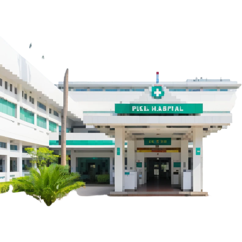 Bangkok hospital with tropical palm trees and Thai style entrance emoji
