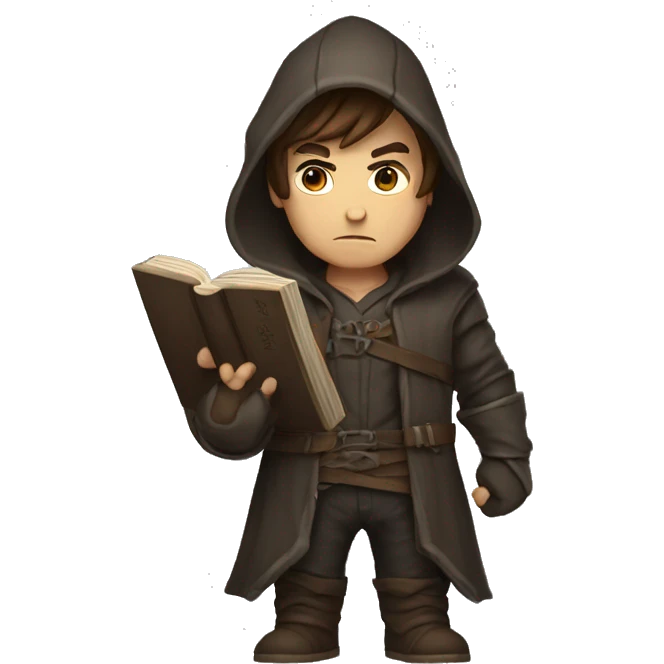human male rogue with brown hair holding a book wearing a hood angry emoji