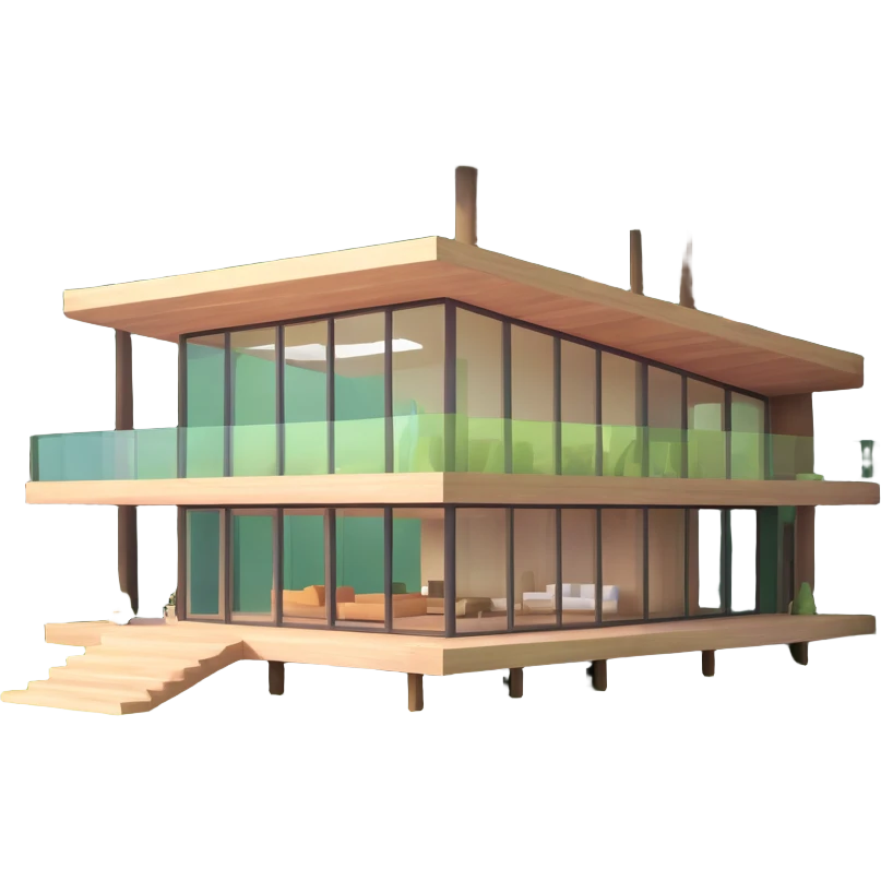 realistic luxury forest home with glass walls surrounded by tall trees emoji