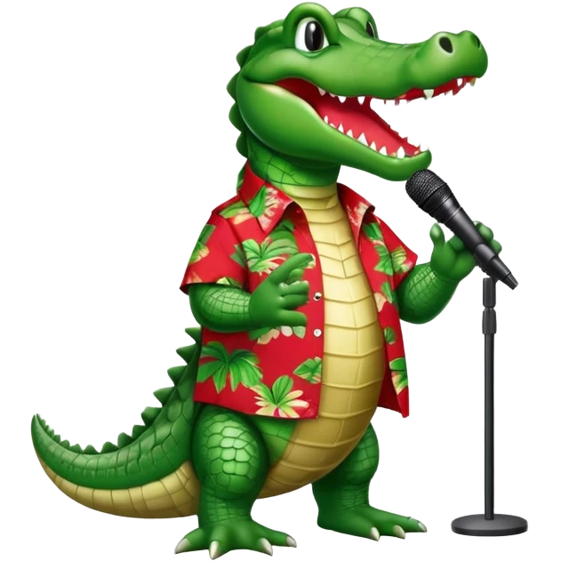 Alligator wearing a red Hawaiian shirt with a microphone in its hand  emoji