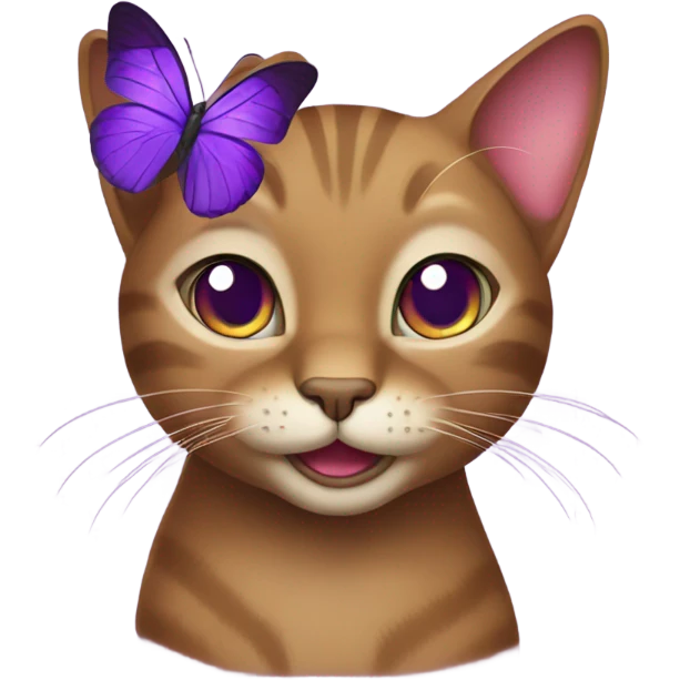 Brown smiling cat playing with purple butterfly  emoji