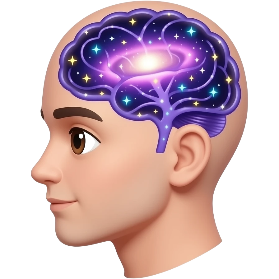 humain with  purple brain shaped like a mini galaxy, glowing neural connections, tiny stars and sparkles inside, futuristic and cute, transparent background emoji