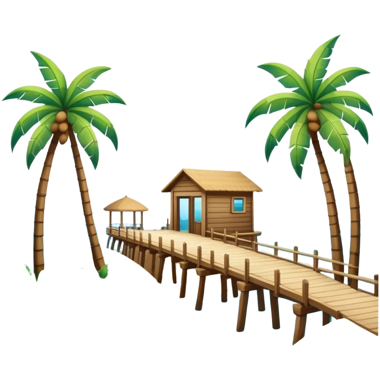 Ocean and beach scene with a pier with sand and palm trees emoji