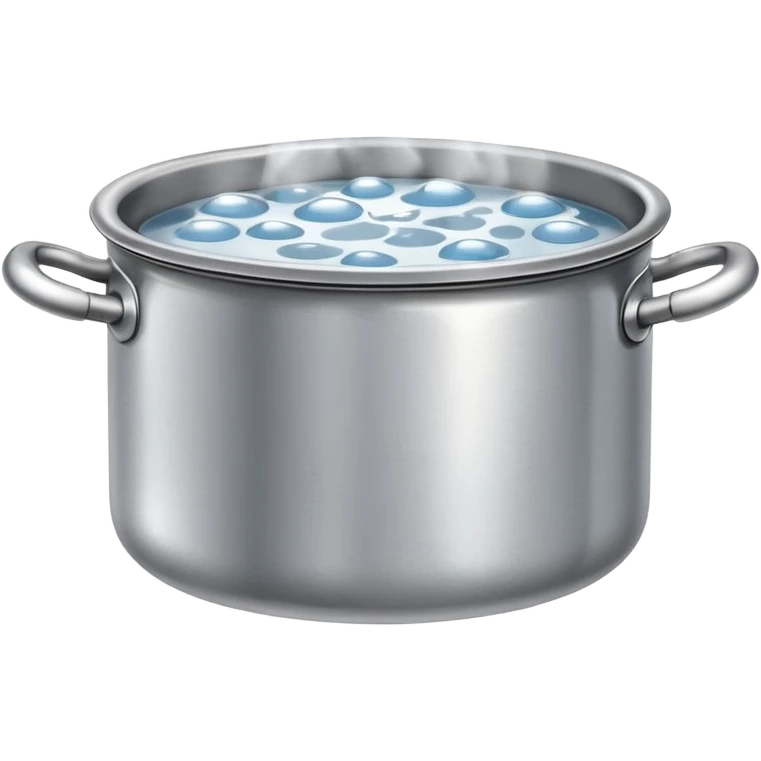 small metal pot filled with boiling water on a stove, visible hot steam and rising bubbles, realistic heat effect, shiny pot surface, bright lighting, clean white background emoji