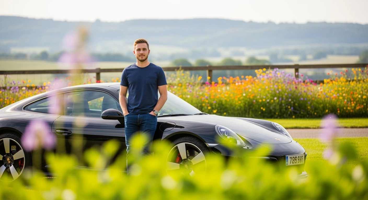 A portrait of a white person next to porsche 911 in the foreground, blurred plants in the foreground, a wooden fence and colorfull flowers in the midground, rolling hills in the background, cinematic depth of field, layered composition, natural lighting emoji
