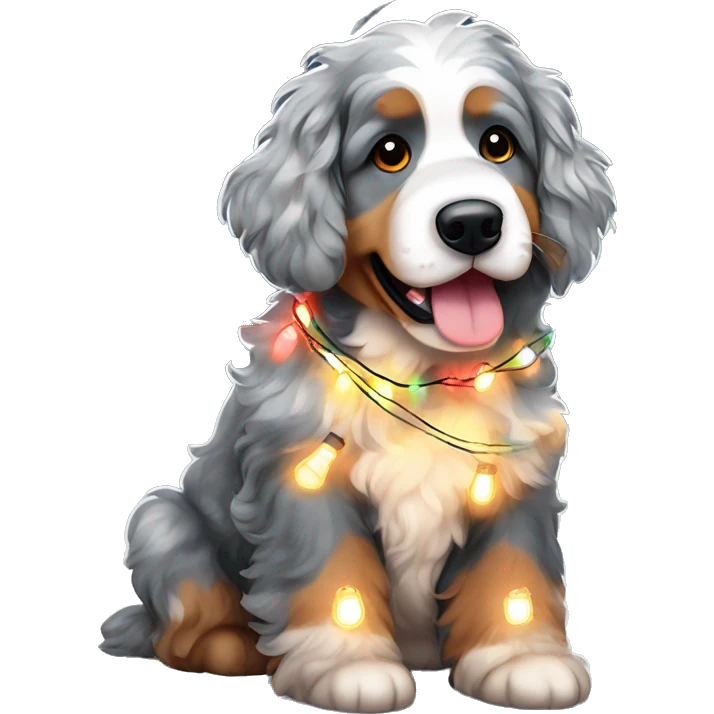 Merle bernedoodle with Christmas lights wrapped around them  emoji
