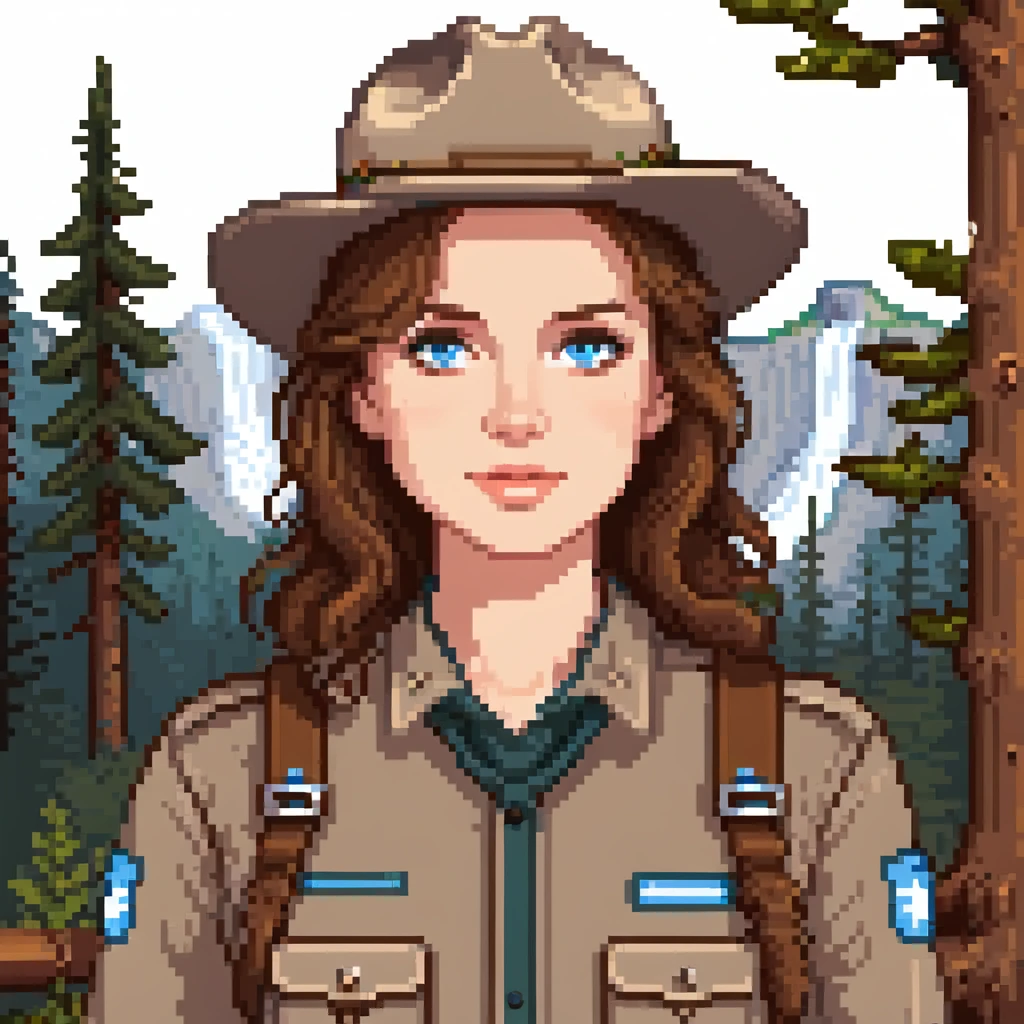 white woman park ranger with brown hair and blue eyes in a nature background emoji