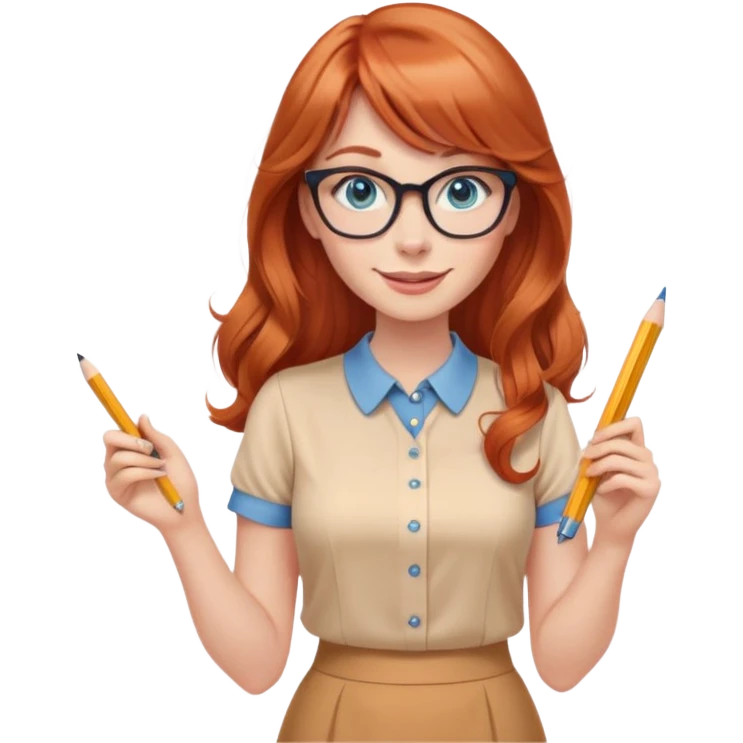 smiling redheaded woman with long wavy hair and bangs, blue eyes, cat-eye glasses, pencil skirt, apricot blouse, holding a pencil emoji