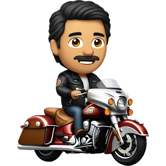 Middle age man wearing leather jacket and leather chaps riding a Indian motorcycle roadmaster with black hair and gote emoji
