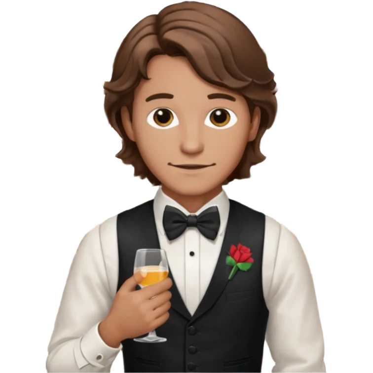 a bartender man with bow tie and vest, having brown wavy hair and tattoo 















 emoji