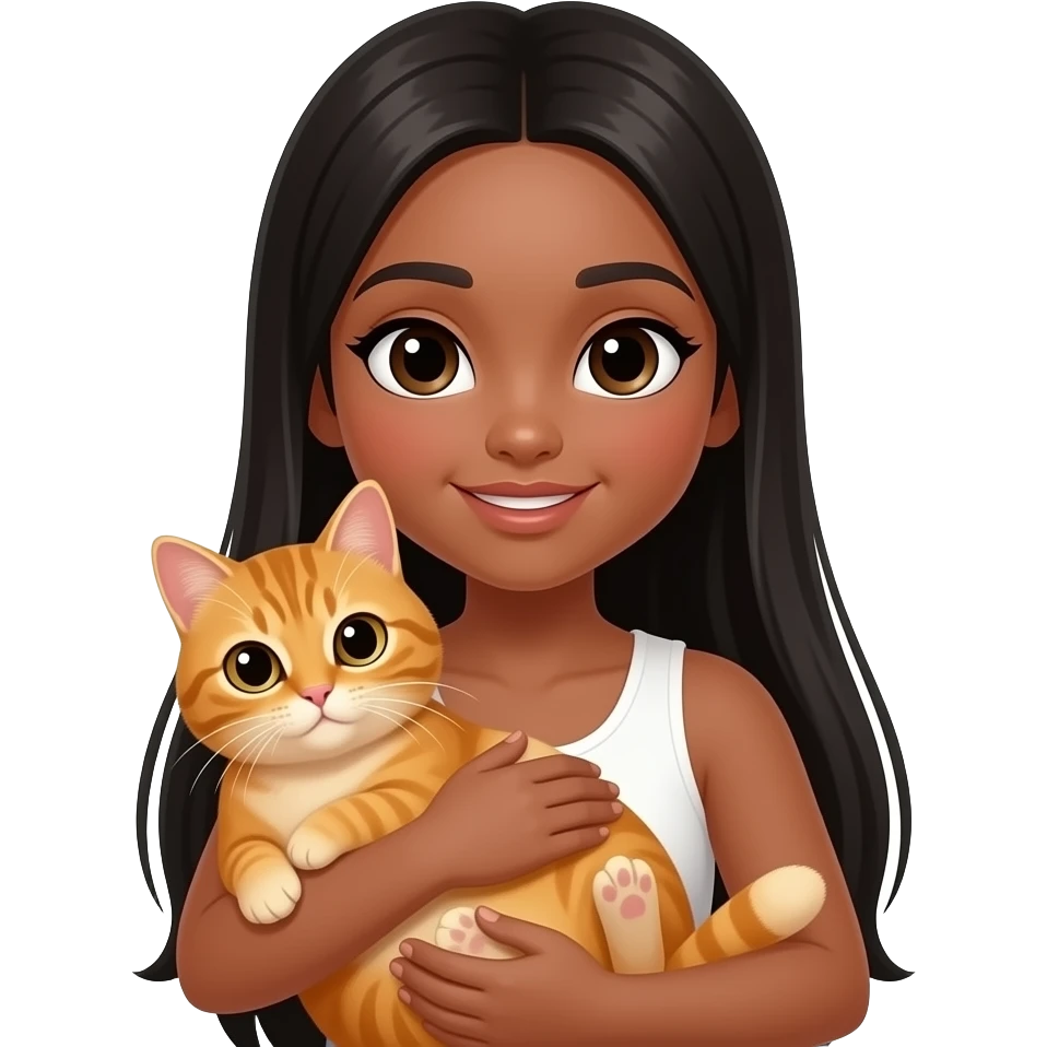 Une fille adolescente avec une peau "tan skin" avec des cheveux lisses très longs noir style clean girl qui tient et câline un chat orange emoji