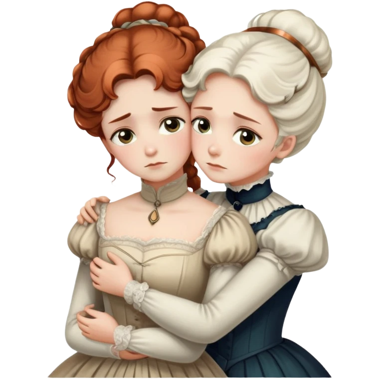 Two Victorian women with light eyes in a sad intimate hug, one with white coiffed hair and one with copper coiffed hair, wearing Victorian high-neck dresses, embracing tightly emoji