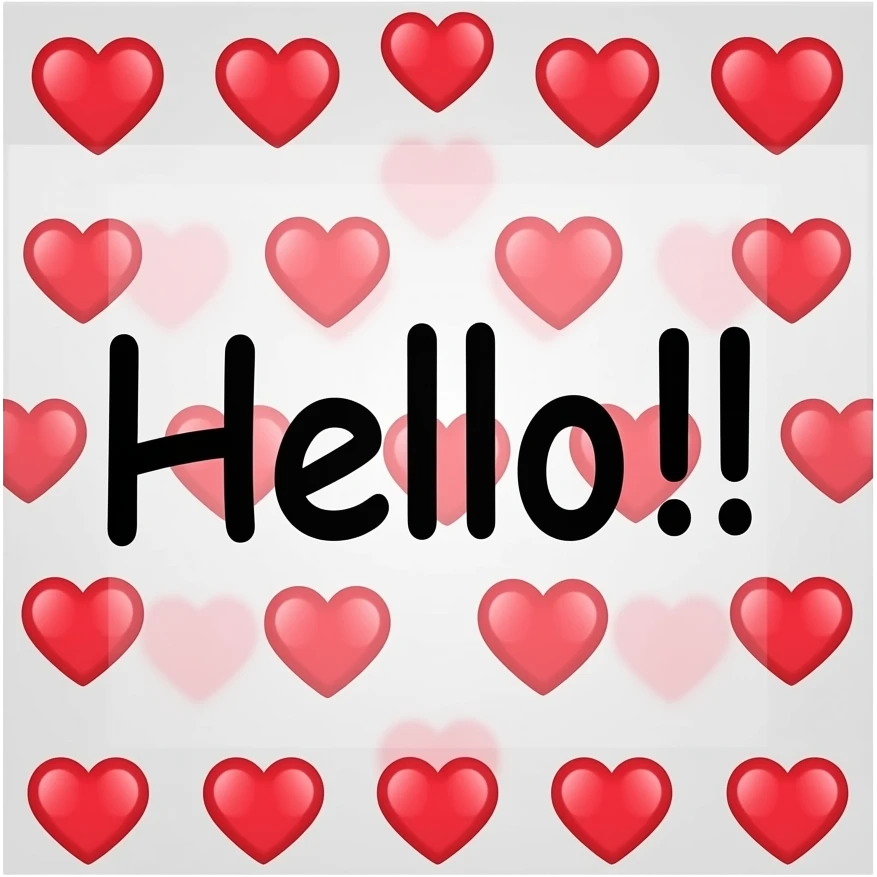 high quality, full details, sticky note that says "Hello!!" with many, red tiny hearts in transparent emoji