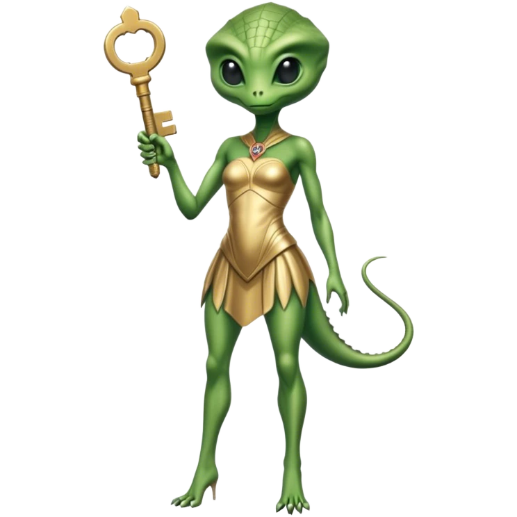 a reptilian alien woman full body, in gold dress, hold big key emoji