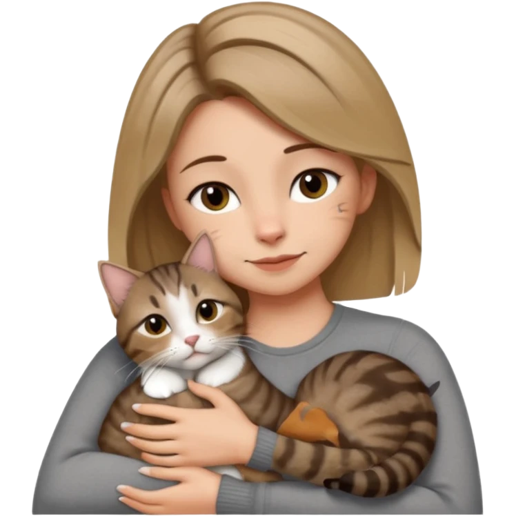 Une femme avec les cheveux dégradée, brun et blond, qui fait un câlin à son chat gris, tigré avec les extrémités que pattes pointe d’oreilles noires et le dessous du menton blanc la fille n’a pas d’oreilles, il n’y a qu’un seul chat emoji