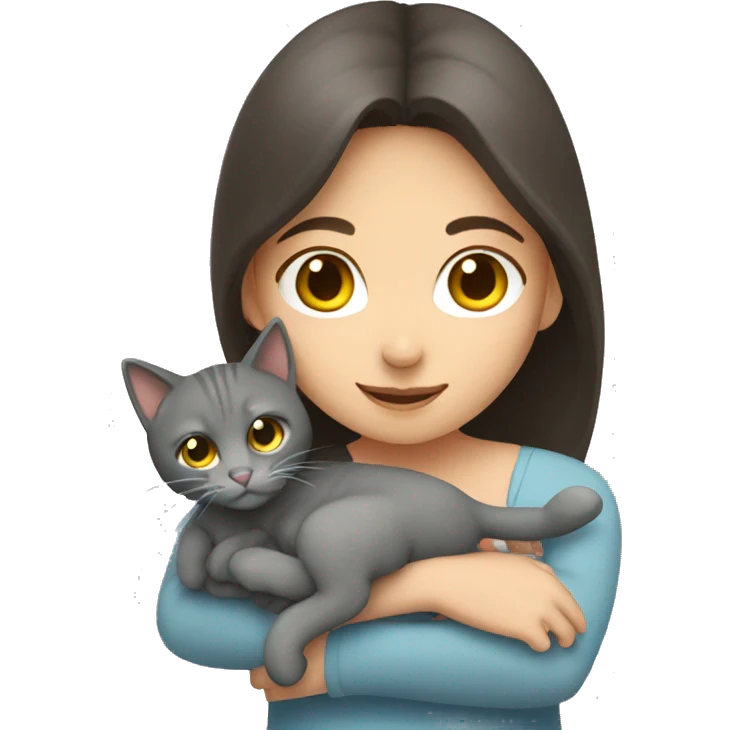 Brunette girl hugging gray cat emoji