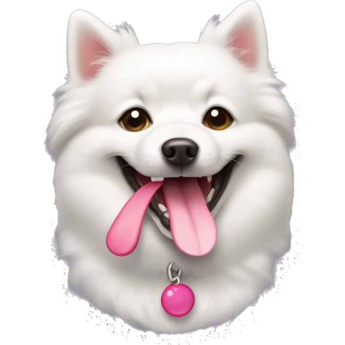 a cute smiling japenese spitz dog with a pink tongue and happy eyes emoji
