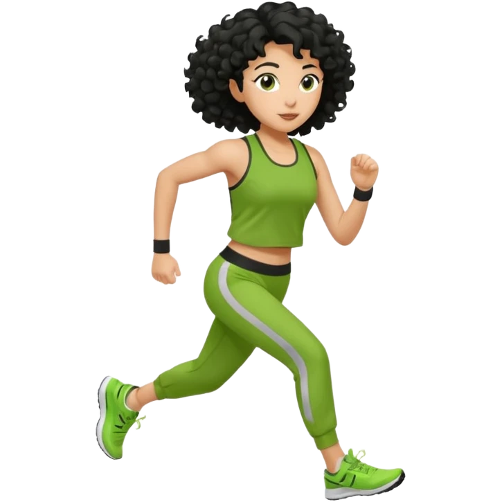 a woman with olive skin tone and curly black hair wearing green and jogging emoji