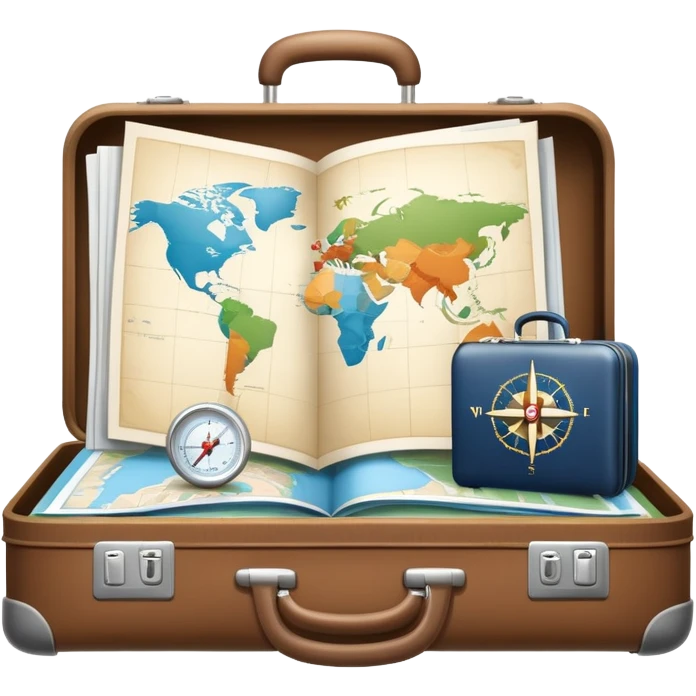 An icon featuring a suitcase, hotel building, symbolizing the scientific study of tourism and hospitality. The design includes a map, a compass, and a checklist, representing travel planning and service management. Transparent background highlights the academic exploration of the tourism industry. emoji