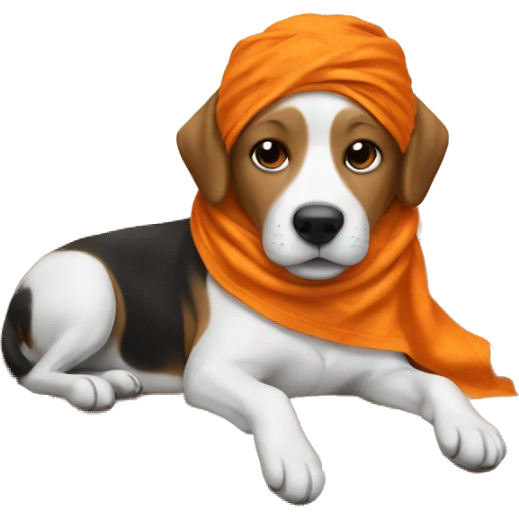dog laying on a couch, wearing orange bandana emoji