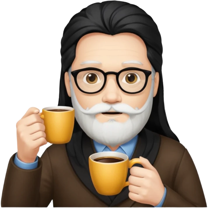 men with white bearded long black hair  with opticals  on holding coffee cup emoji