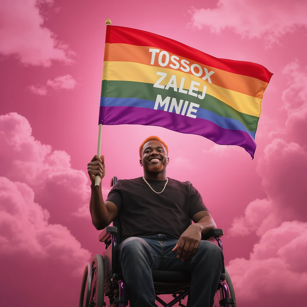 Cinematic shot advertising, Black man with red hair sitting on wheelchair holding lgbt flag holding text "T0ssox zalej mnie" pink clouds around, pink sky with pink back light emoji