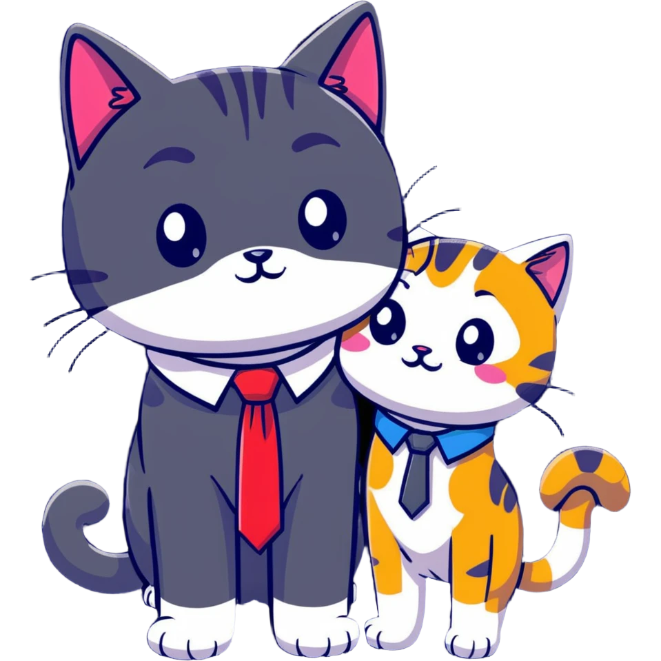 happy girl cat with eyelashes wearing a colorful necktie and happy boy cat wearing a professional necktie standing together and holding paws, both with loving expressions emoji