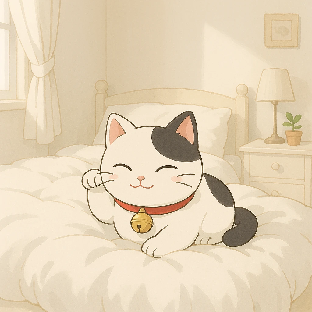 White and black Chinese lucky cat in a cozy on a soft puffy white duvet covered bed in bright white and clean girl aesthetic bedroom, kawaii  emoji