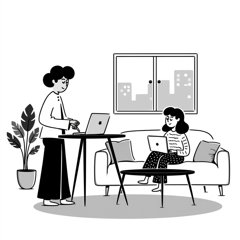 escenary 3d of a cozy mid-century living room with two people working on laptops, one man standing at a desk, and one woman sitting on a couch emoji