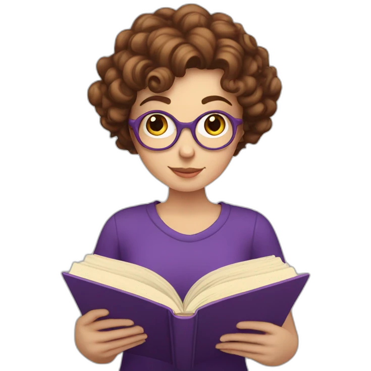 white girl with really short brown curly hair reading a purple book emoji