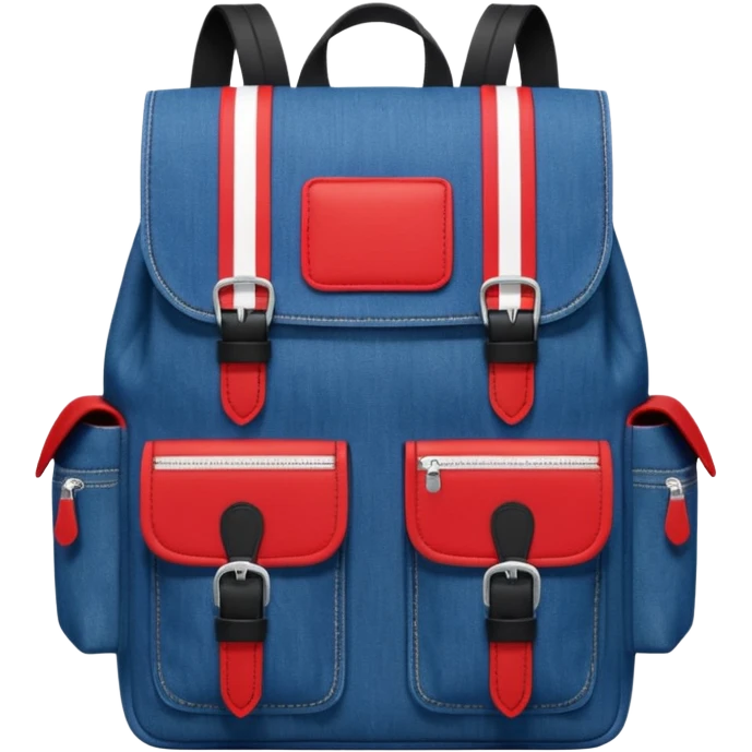 Minimalist emoji-style icon of a stylish blue denim backpack with a flap top, two vertical black buckle straps, a large red-white-navy horizontal block in the center, and two zipper side pockets. Inspired by Tommy Jeans design. Front view, cartoon-like, clean design.

 emoji