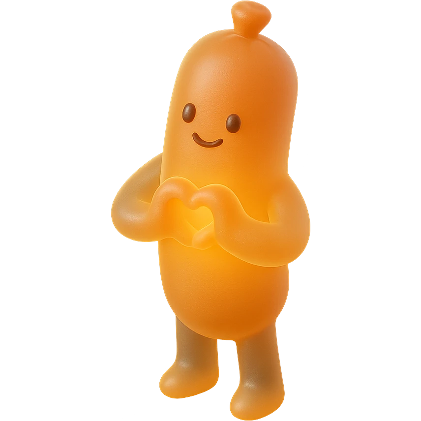 a sausage humanoid with a heart pose, glowing with warmth emoji