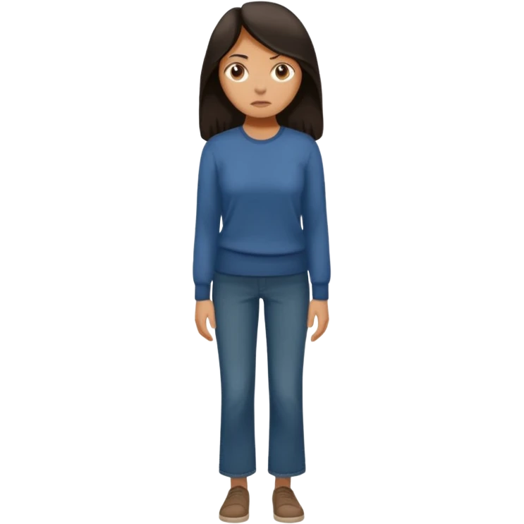 "Cartoon emoji of a woman with long, loose dark hair, wearing plain, simple clothes. Full-height, standing, nervous, unsure, worried expression. Slightly hunched, anxious posture. Smooth, simple, stylized." emoji