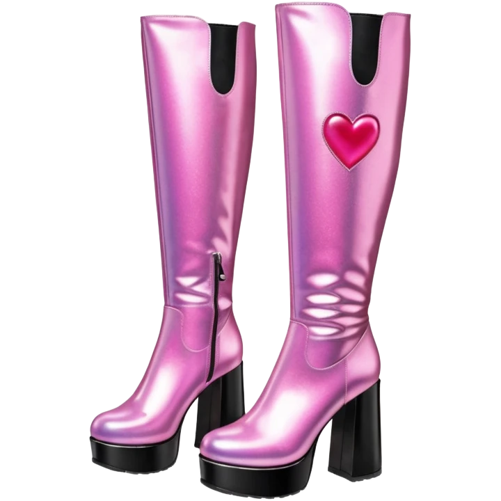 glittery pink platform knee high gogo boots with heart on side emoji