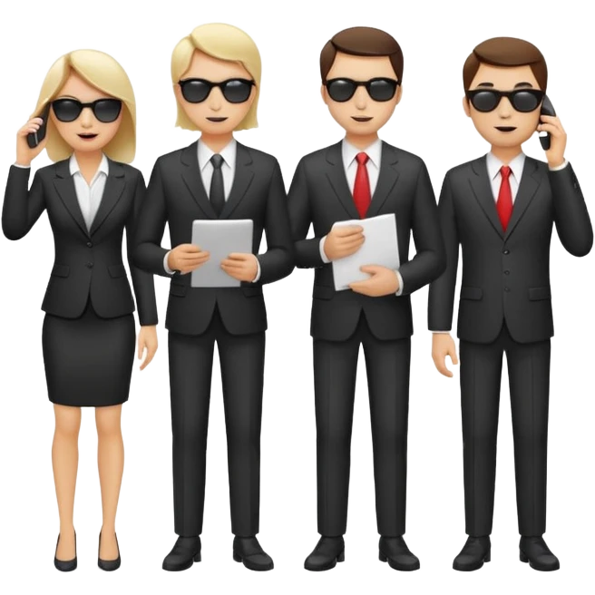 Команда в деловых костюмах из трёх человек. на переднем палне Мужчина впереди общается по смартфону, дальше женщина слева стоит с ноубуком, мужчина справа держит бумаги. У всех людей разные, но позитивные эмоции. Все троя в солнцезащитных очках emoji