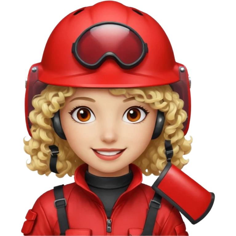 blond curly girl playing paintball with red paintball helmet with eye protection, only face emoji