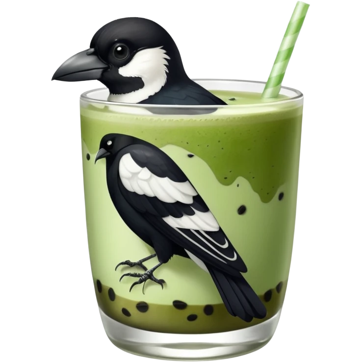  ONE Australien Magpie (just black and white feathers) sitting on an iced matcha latte on the edge of the glass. magpie has green matcha on its beak. matxha latte is in a see through glass and white from the oat milk on the bottom and green without seeds on top… one straw & ice cubes emoji
