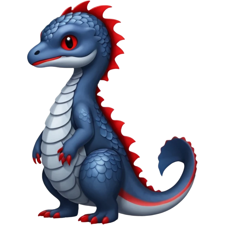 midnight blue-gray-black, with red markings, white belly, scaley Bastet-Noibat-Gatomon-Garchomp-Digimon-Fakémon-Pokémon-creature (full body) emoji