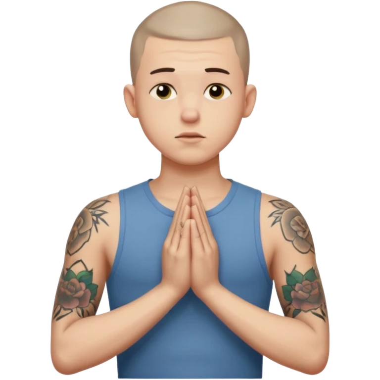 A 20 year old white man with a buzz cut and tattoos all over his arms and chest. Pleading face with hands praying  emoji