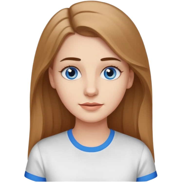 A pretty white girl with long slightly light brown hair dark eyebrows and braces and blue eyes wearing a white shirt and she has a long face emoji