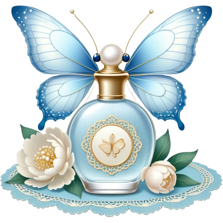 A delicate glass perfume bottle with an iridescent pearl finish rests on a vintage lace doily. A pale blue butterfly flutters nearby, its shimmering wings catching the soft golden light. Scattered white peony petals and a string of pearls add a touch of timeless elegance. emoji